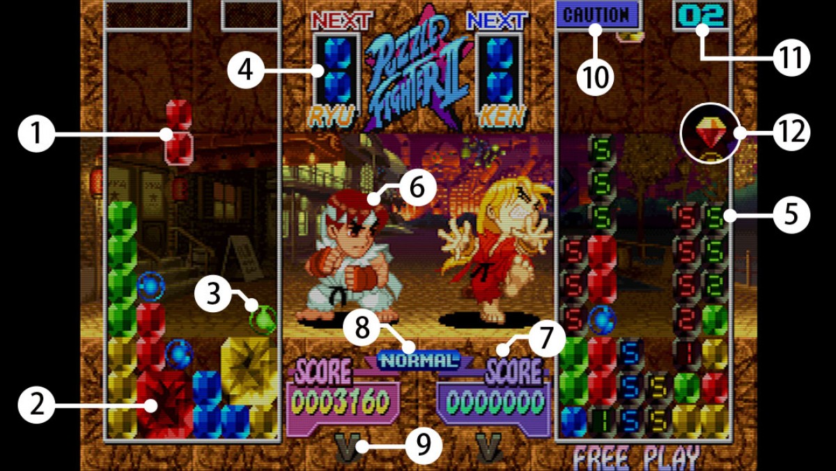Super Puzzle Fighter II Turbo PS1 and Sega Saturn Capcom puzzle fighting game gem matching mechanics Street Fighter Darkstalkers chibi characters competitive versus gameplay chain combos retro gaming software video game title gameplay