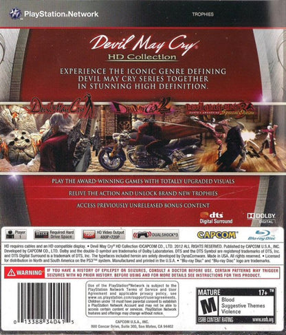 Devil May Cry HD Collection PlayStation 3 PS3 for retro video game enthusiasts featuring stylish action gameplay fast paced hack and slash combat iconic demon hunting adventures combo driven mechanics enhanced classic titles supernatural battles and collectible gaming appeal back cover 