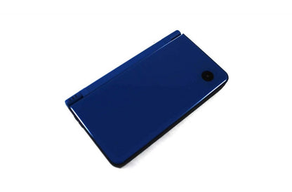 Blue Nintendo DSi XL handheld gaming system featuring a large dual screen design in blue with touch controls built in camera and compatibility with Nintendo DS games and downloadable titles view of camera