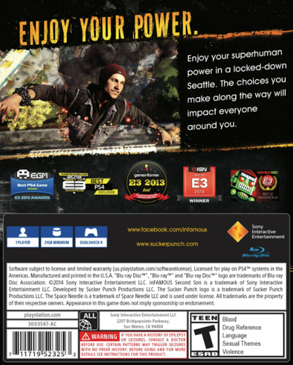 Infamous: Second Son [PlayStation Hits] – PlayStation 4 (PS4) video game back of case, open-world superhero action-adventure title for PS4
