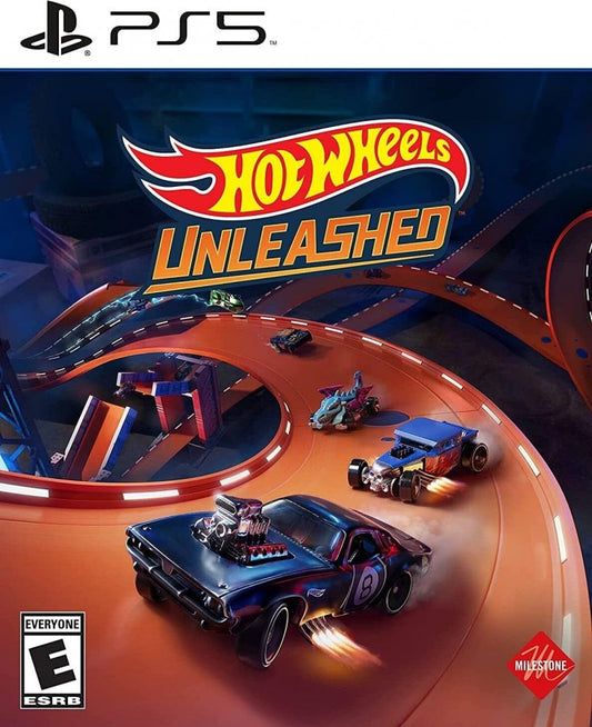 Hot Wheels Unleashed PlayStation 5 racing game featuring fast paced arcade style racing iconic Hot Wheels vehicles customizable tracks split screen and online multiplayer modes and vibrant high speed gameplay with detailed miniature car environments front cover art 