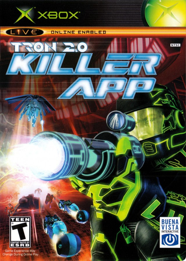 TRON 2.0 Killer App retro Xbox video game TRON futuristic sci fi action shooter cyber combat digital world light cycle battles first person gameplay console title Xbox release cover art