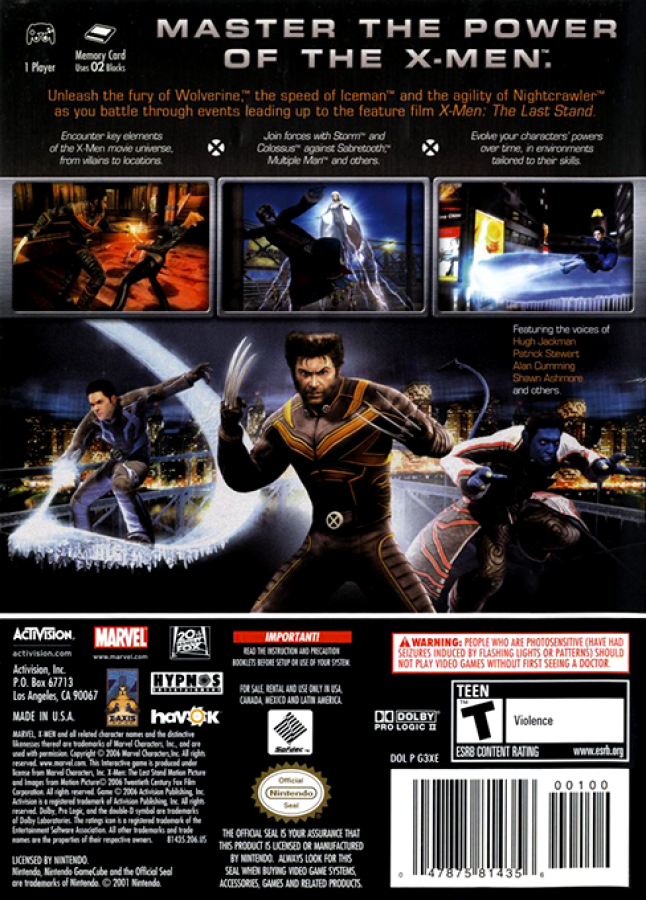 X-Men: The Official Game back of case for Nintendo GameCube (GC) superhero action adventure video game