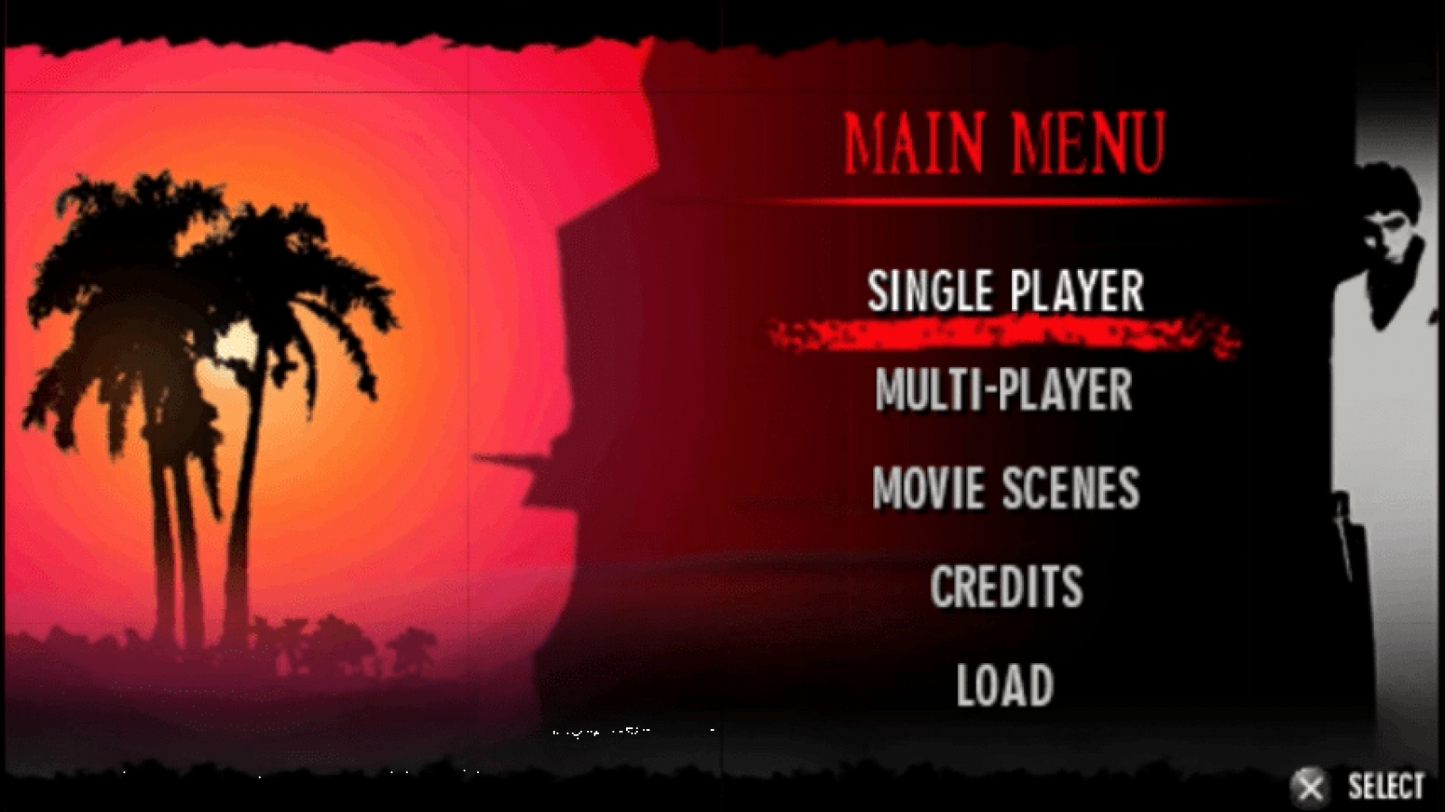 Scarface: Money. Power. Respect start screen for PlayStation Portable (PSP) action-adventure game