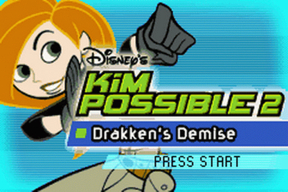 Disneys Kim Possible 2 Drakkens Demise for Game Boy Advance, title screen for an action platformer video game with side-scrolling gameplay, stealth elements, character-based missions, and cartoon-style combat