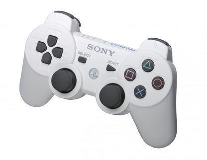 White DualShock 3 wireless controller for PlayStation 3 gaming console. front view
