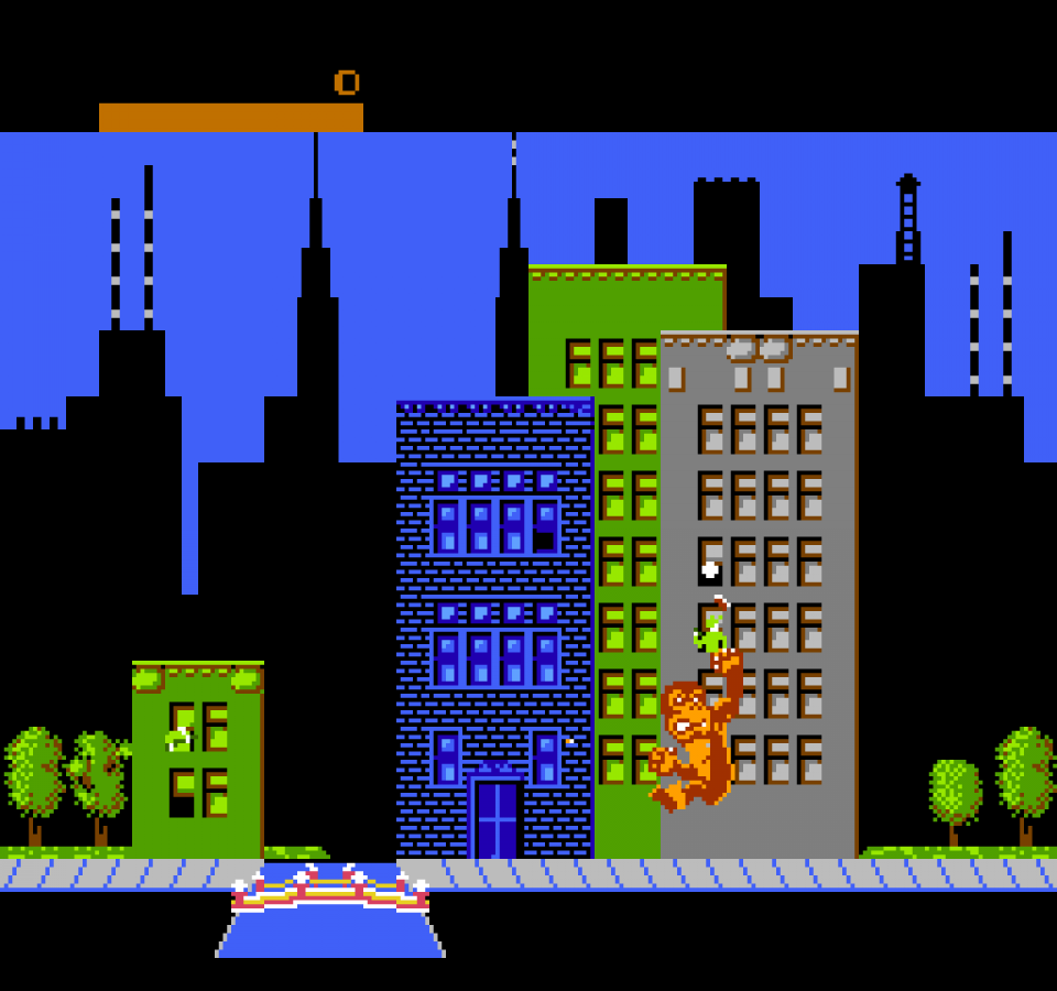 Rampage Nintendo Entertainment System NES arcade-style action video game featuring giant monsters smashing buildings battling military forces climbing skyscrapers destroying cities and classic Nintendo Entertainment System NES gameplay collectible retro gaming appeal gameplay