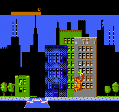 Rampage Nintendo Entertainment System NES arcade-style action video game featuring giant monsters smashing buildings battling military forces climbing skyscrapers destroying cities and classic Nintendo Entertainment System NES gameplay collectible retro gaming appeal gameplay
