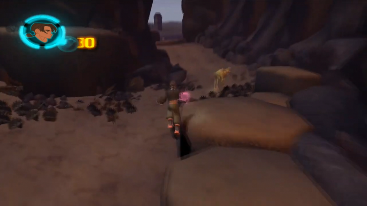 Disney Treasure Planet PlayStation 2 PS2 action-adventure platformer video game based on the animated film Treasure Planet Jim Hawkins John Silver Silver cyborg morph creature solar surfing adventure space pirate battles gadgets puzzles planet exploration hand-drawn cel-shaded visuals Sony Disney Interactive Buena Vista Games licensed tie-in gameplay screenshot