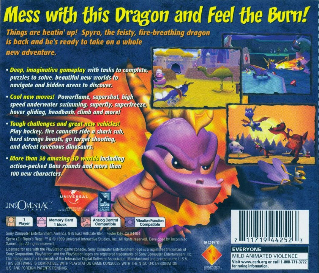 Spyro 2: Ripto's Rage! [Greatest Hits] back of case for retro video game
