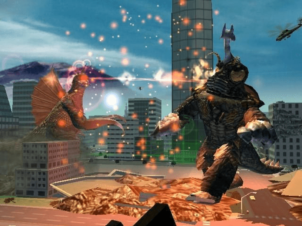 Godzilla Destroy All Monsters Melee game featuring arena fighting gameplay with giant kaiju battles destructible cities and multiplayer combat as iconic Godzilla monsters clash in arcade style action gameplay 