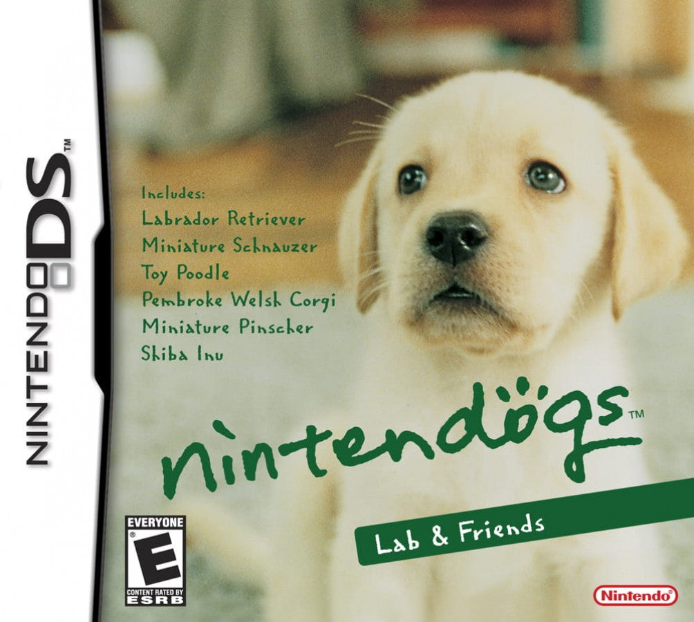 Nintendogs Lab and Friends Nintendo DS video game, pet simulation, virtual dog care and training, family-friendly handheld console title front cover