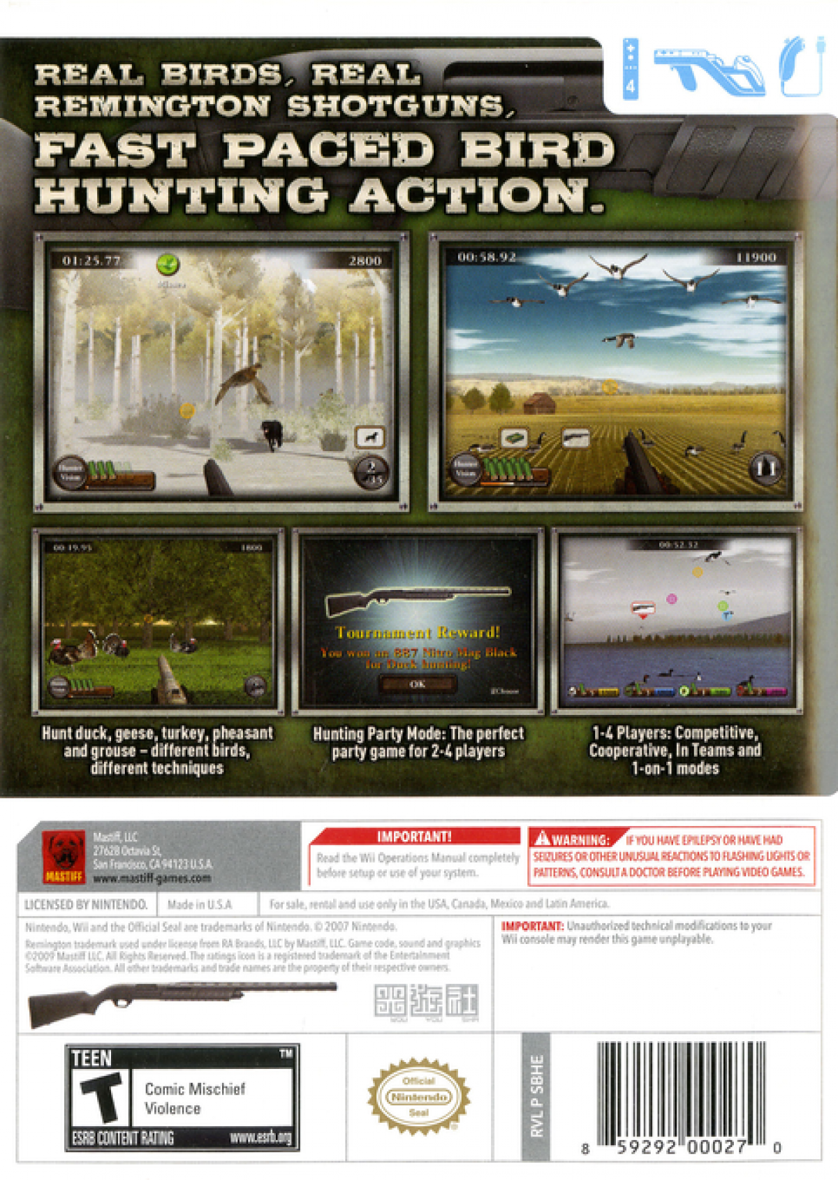 Remington Great American Bird Hunt – Nintendo Wii (Wii) hunting simulation shooting sports video game back of case