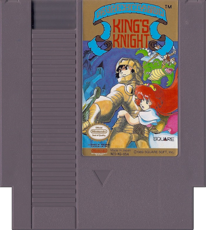 King's Knight Nintendo Entertainment System NES for scrolling shooter video game fans featuring vertical shooting action fantasy heroes cooperative inspired gameplay challenging enemy waves magical abilities classic Square adventure retro Nintendo gaming collectible gaming appeal cartridge