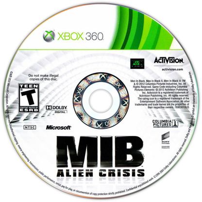 Men in Black Alien Crisis Xbox 360 cover art for retro video game enthusiasts featuring light gun style third person shooter gameplay alien invasion combat secret agent missions sci fi weapon arsenal cover based shooting mechanics and cinematic movie tie in action adventure experience and collectible gaming appeal disc