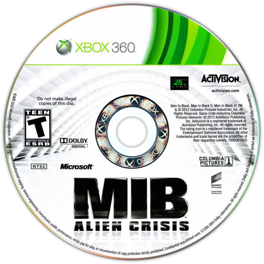 Men in Black Alien Crisis Xbox 360 cover art for retro video game enthusiasts featuring light gun style third person shooter gameplay alien invasion combat secret agent missions sci fi weapon arsenal cover based shooting mechanics and cinematic movie tie in action adventure experience and collectible gaming appeal disc