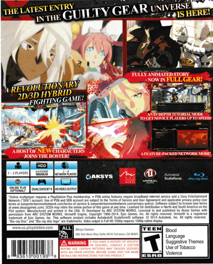 Guilty Gear Xrd: Sign – PlayStation 4 (PS4) video game back of case, anime-style 2D fighting game