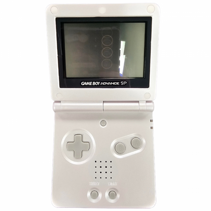 Game Boy Advance SP GBA SP Pearl White AGS 001 handheld console featuring flip screen design front lit display rechargeable battery compact portable gaming system Game Boy Advance compatibility classic Nintendo handheld hardware retro gaming collection collectible gaming appeal console screen off