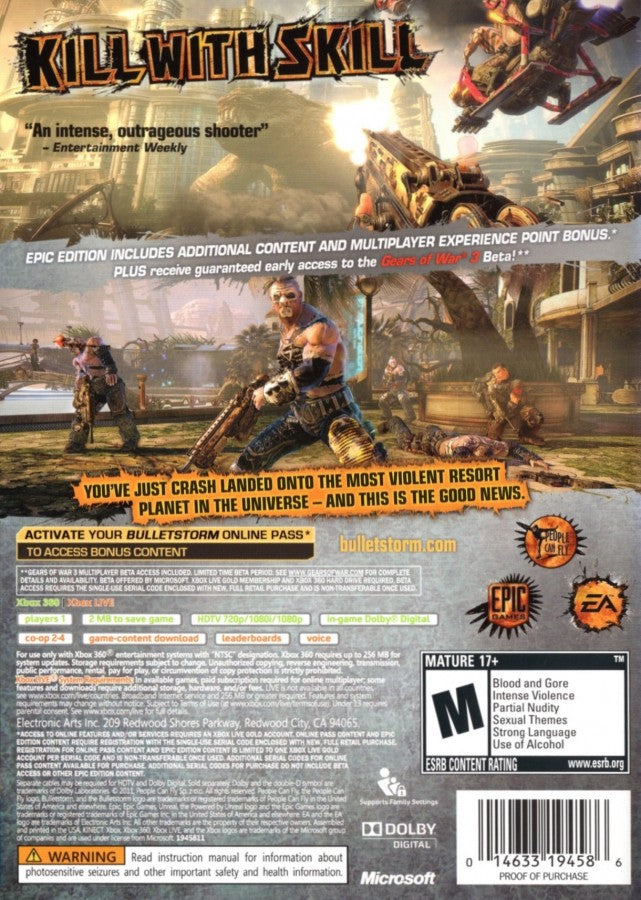 Bulletstorm Epic Edition Xbox 360 first person shooter FPS over the top action sci fi combat skillshot system combo kills People Can Fly Epic Games campaign mode multiplayer bonus content special edition Xbox 360 software video game title back cover art 