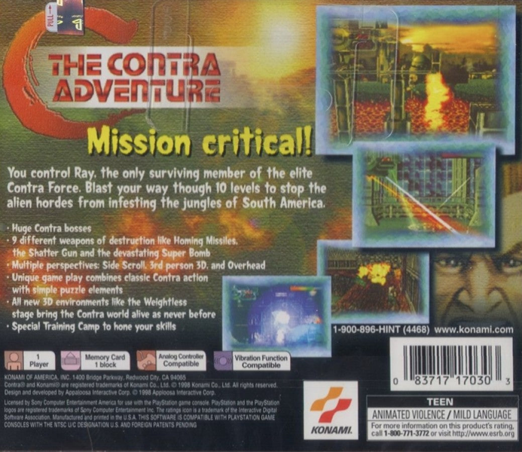 C The Contra Adventure PS1 PlayStation 1 run and gun action shooter platform game Contra series arcade style combat retro video game back of case