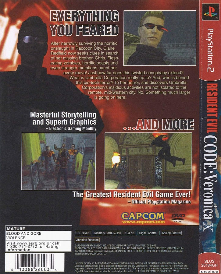 Resident Evil: Code Veronica X [w/ Bonus Disc] – PlayStation 2 (PS2) video game back of case, survival horror game.