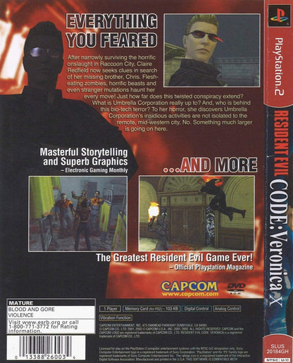 Resident Evil: Code Veronica X [w/ Bonus Disc] – PlayStation 2 (PS2) video game back of case, survival horror game.