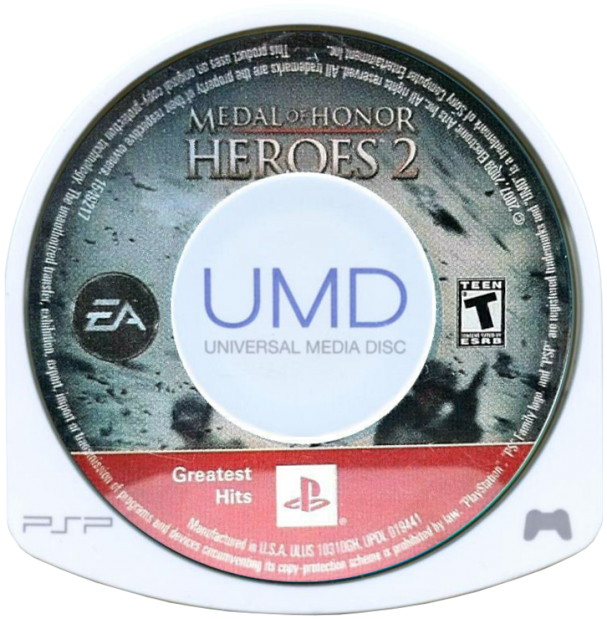 Medal of Honor Heroes 2 Greatest Hits for PlayStation Portable, disc for a first-person shooter video game with World War II combat, mission-based gameplay, multiplayer modes, and military action