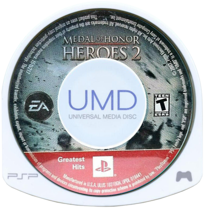 Medal of Honor Heroes 2 Greatest Hits for PlayStation Portable, disc for a first-person shooter video game with World War II combat, mission-based gameplay, multiplayer modes, and military action