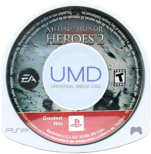 Medal of Honor Heroes 2 Greatest Hits for PlayStation Portable, disc for a first-person shooter video game with World War II combat, mission-based gameplay, multiplayer modes, and military action