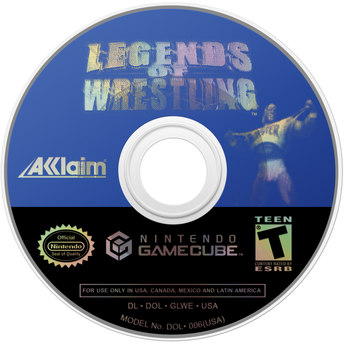 Disc art for Legends of Wrestling GameCube GC video game, professional wrestling, fighting simulation, multiplayer, sports entertainment, classic Nintendo GameCube title