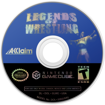 Disc art for Legends of Wrestling GameCube GC video game, professional wrestling, fighting simulation, multiplayer, sports entertainment, classic Nintendo GameCube title