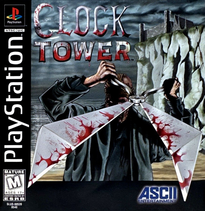 Clock Tower PS1 PlayStation 1 survival horror point and click adventure game psychological horror Scissorman suspense retro video game cover art 