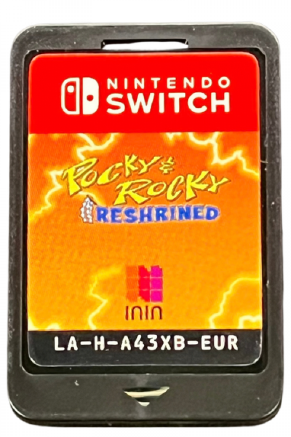 Pocky and Rocky Reshrined PAL Import Nintendo Switch NS video game featuring top down action shooter gameplay Pocky and Rocky characters yokai battles magical attacks enemy waves forest environments cooperative gameplay challenging stages PAL region import edition and classic Nintendo Switch gameplay retro video game collection collectible gaming cartridge art