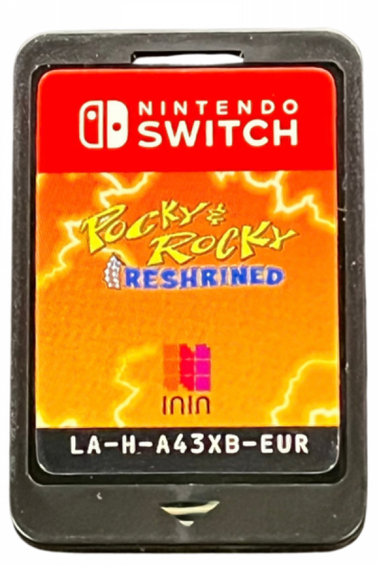 Pocky and Rocky Reshrined PAL Import Nintendo Switch NS video game featuring top down action shooter gameplay Pocky and Rocky characters yokai battles magical attacks enemy waves forest environments cooperative gameplay challenging stages PAL region import edition and classic Nintendo Switch gameplay retro video game collection collectible gaming cartridge art