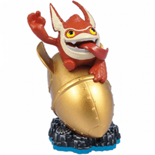 Big Bang Trigger Happy Series 3 Skylanders Swap Force figure, gold gremlin gunner with dual blasters and explosive theme, wearing upgraded gear with dynamic firing pose, detailed collectible toy on portal base from Skylanders Swap Force series