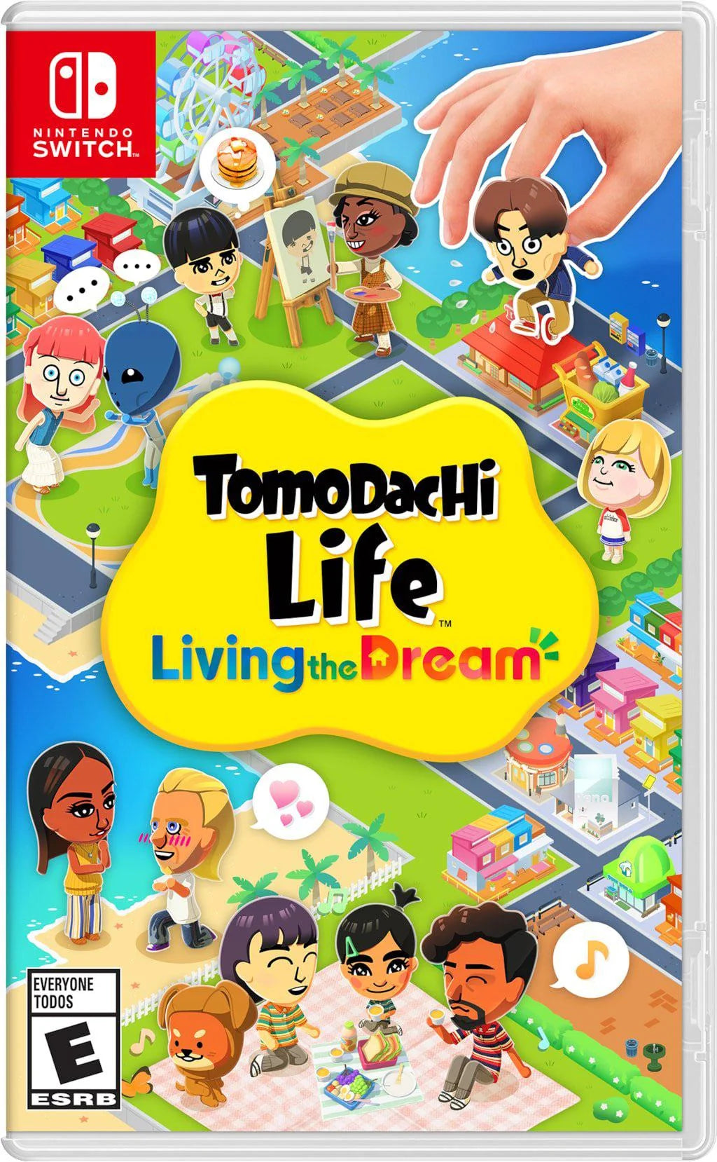 TomoDachi Life: Living the Dream for Nintendo Switch (NS) featuring a quirky life sim where you create Mii characters build relationships and watch unpredictable island style interactions unfold; customize outfits voices and personalities then enjoy mini games events and hilarious social drama as your cast lives out their dream life on Switch front cover