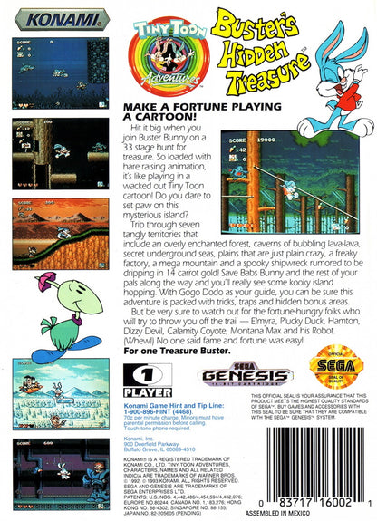Tiny Toon Adventures Busters Hidden Treasure retro Sega Genesis video game featuring side scrolling platform gameplay, cartoon character action, obstacle challenges and classic Genesis entertainment - back of case