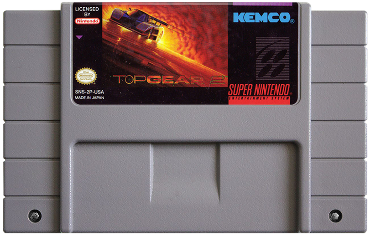 Top Gear 2 Super Nintendo Entertainment System SNES for arcade racing video game fans featuring high speed cars challenging tracks nitro boosts vehicle upgrades varied environments split screen multiplayer and fast paced classic racing gameplay collectible gaming appeal game cartridge