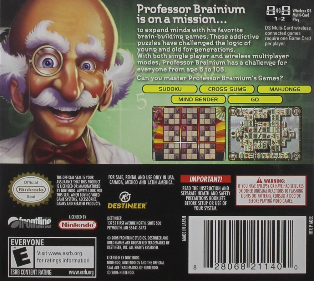 Professor Brainium's Games back of case for Nintendo DS (DS) educational puzzle mini-game collection video game