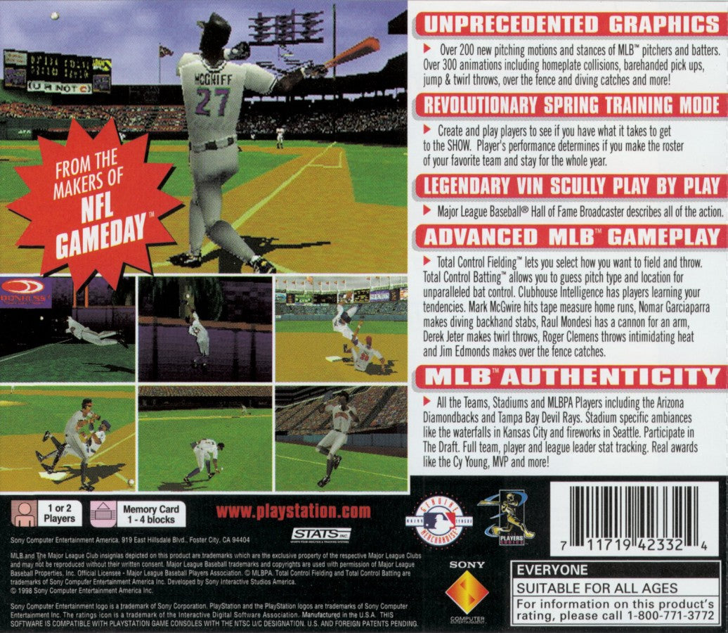 MLB 99 back cover art for PlayStation 1 (PS1) retro baseball video game 