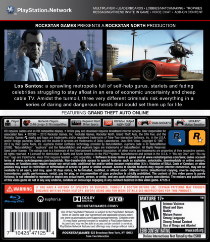 Grand Theft Auto V back cover art for PlayStation 3 PS3 video game