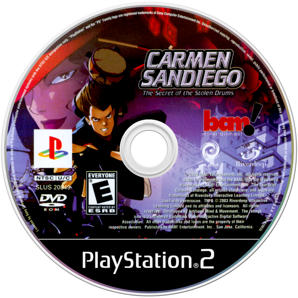 Carmen Sandiego: The Secret of the Stolen Drums for PlayStation 2 with adventure puzzle-solving theme disc