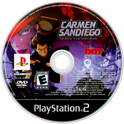 Carmen Sandiego: The Secret of the Stolen Drums for PlayStation 2 with adventure puzzle-solving theme disc