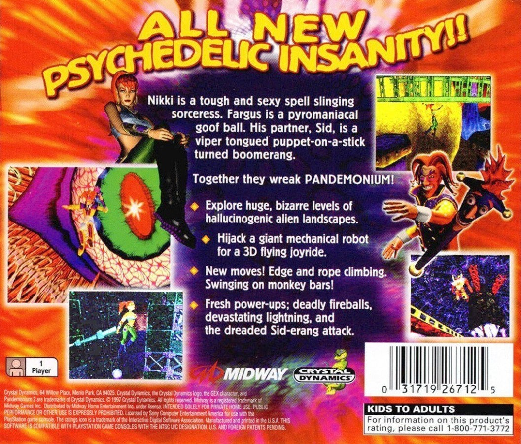 Pandemonium 2 PlayStation PS1 for action platforming video game fans featuring colorful 3D platforming gameplay whimsical fantasy worlds acrobatic movement unique character abilities challenging levels enemy battles collectible items imaginative environments and classic PlayStation adventure collectible gaming appeal back cover art