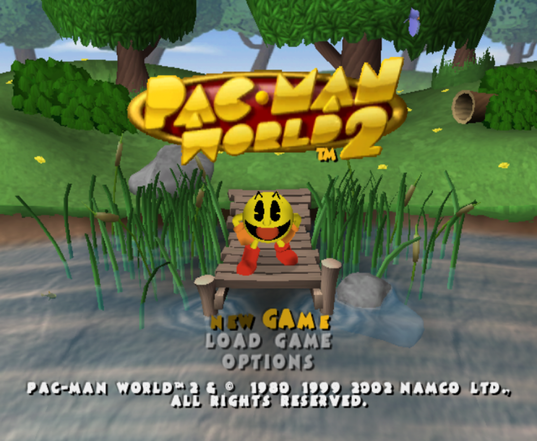 Pac-Man World 2 start screen for Nintendo GameCube (GC) platforming adventure video game