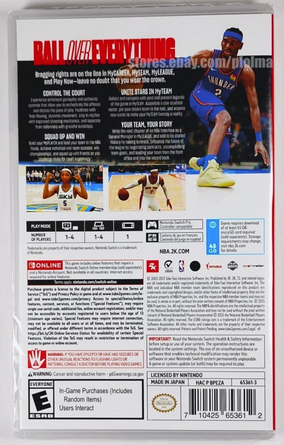 NBA 2K26 Nintendo Switch video game, basketball simulation, sports game, multiplayer, realistic graphics, handheld and TV gameplay, Nintendo Switch title back cover