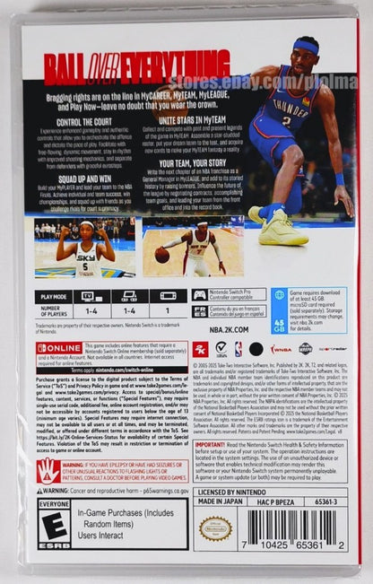 NBA 2K26 Nintendo Switch video game, basketball simulation, sports game, multiplayer, realistic graphics, handheld and TV gameplay, Nintendo Switch title back cover