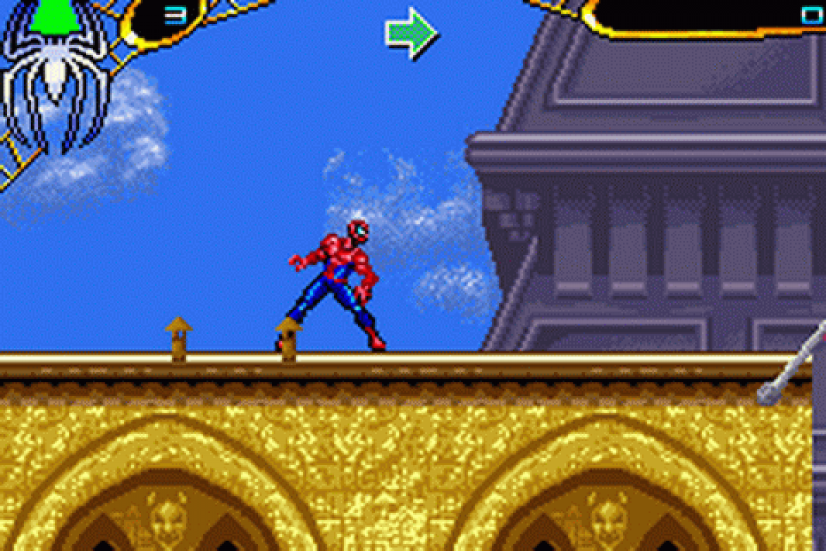 Spider-Man 2 for Game Boy Advance (GBA), gameplay for a retro video game featuring action-adventure gameplay, side-scrolling combat, web-slinging abilities, mission-based challenges, and superhero-themed exploration