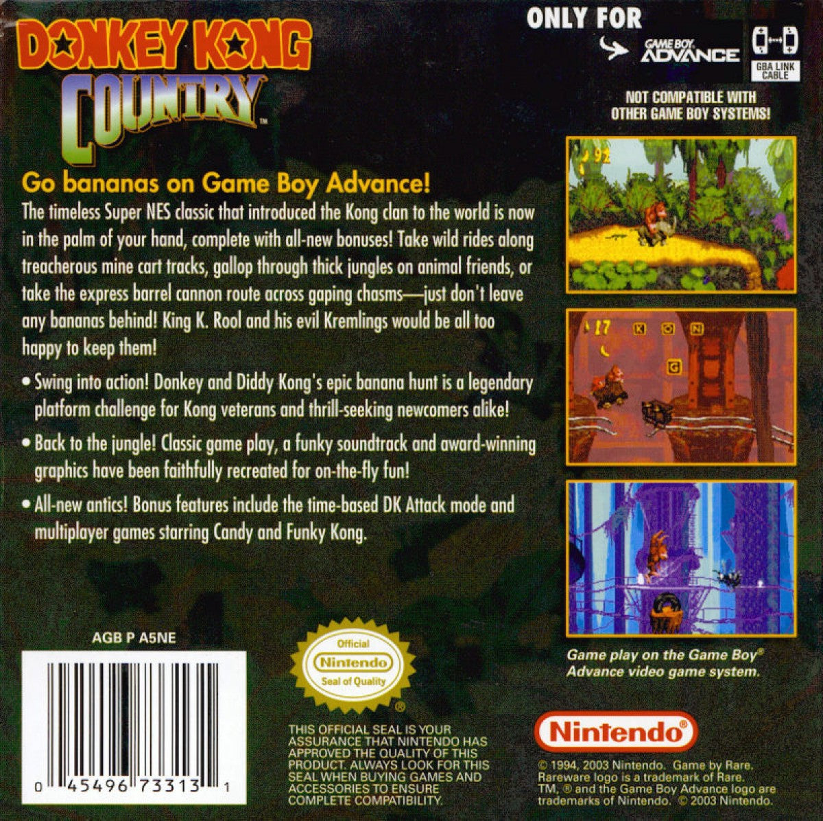 Donkey Kong Country Game Boy Advance GBA for platforming adventure video game fans featuring Donkey Kong and Diddy Kong side scrolling action jungle environments challenging levels barrel blasting mine cart rides enemy battles collectibles and classic Nintendo gameplay collectible gaming appeal back cover art