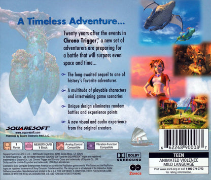 Retro Chrono Cross PS1 inspired design featuring classic JRPG fantasy aesthetic vintage PlayStation adventure surreal parallel worlds ensemble cast magical realism vibrant ocean island setting iconic Squaresoft storytelling nostalgic role playing game presentation back cover art